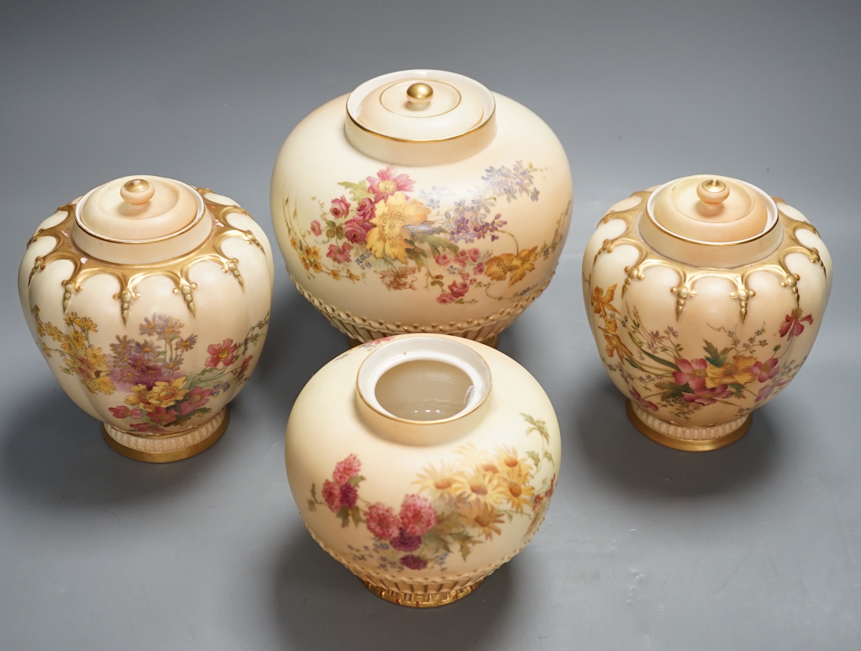 Four Worcester blush ivory potpourri jars, three with inner covers. Tallest 19cm.